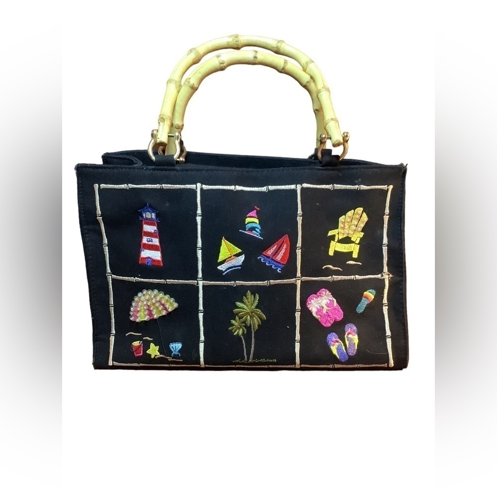 Beach Black Purse Embroidered Bamboo Handle Ocean Vacation Vintage Wood